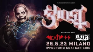 Manifesto del concerto dei Ghost a Milano nel 2023. Ne parliamo all'interno del blog