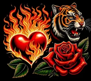 Immagine di un cuore in fiamme, una rosa e una tigre. La storia dei miei tatuaggi all'interno del blog